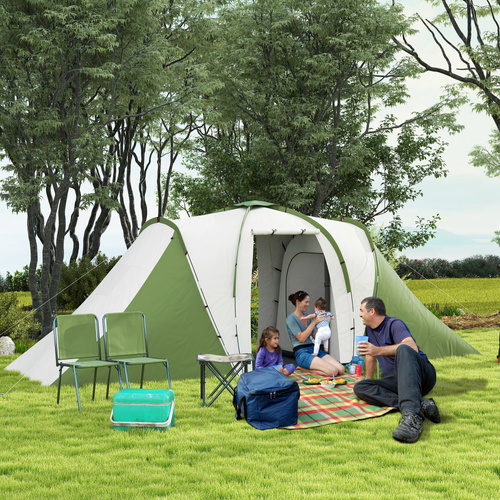 Outsunny Large Camping Tent Tunnel Tent with 2 Bedroom and Living Area, 2000mm Waterproof, Portable with Bag for 4-6 Man, Green