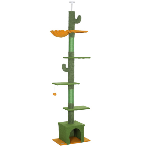 PawHut 230-275cm Floor-to-Ceiling Adjustable Cat Tree with Scratching Posts, Hammock