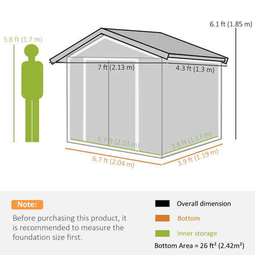 Outsunny 7 x 4ft Weatherproof Shed, Outdoor Bike Storage Shed with Ventilation Slots, Foundation Kit and Lockable Double Doors, Dark Grey