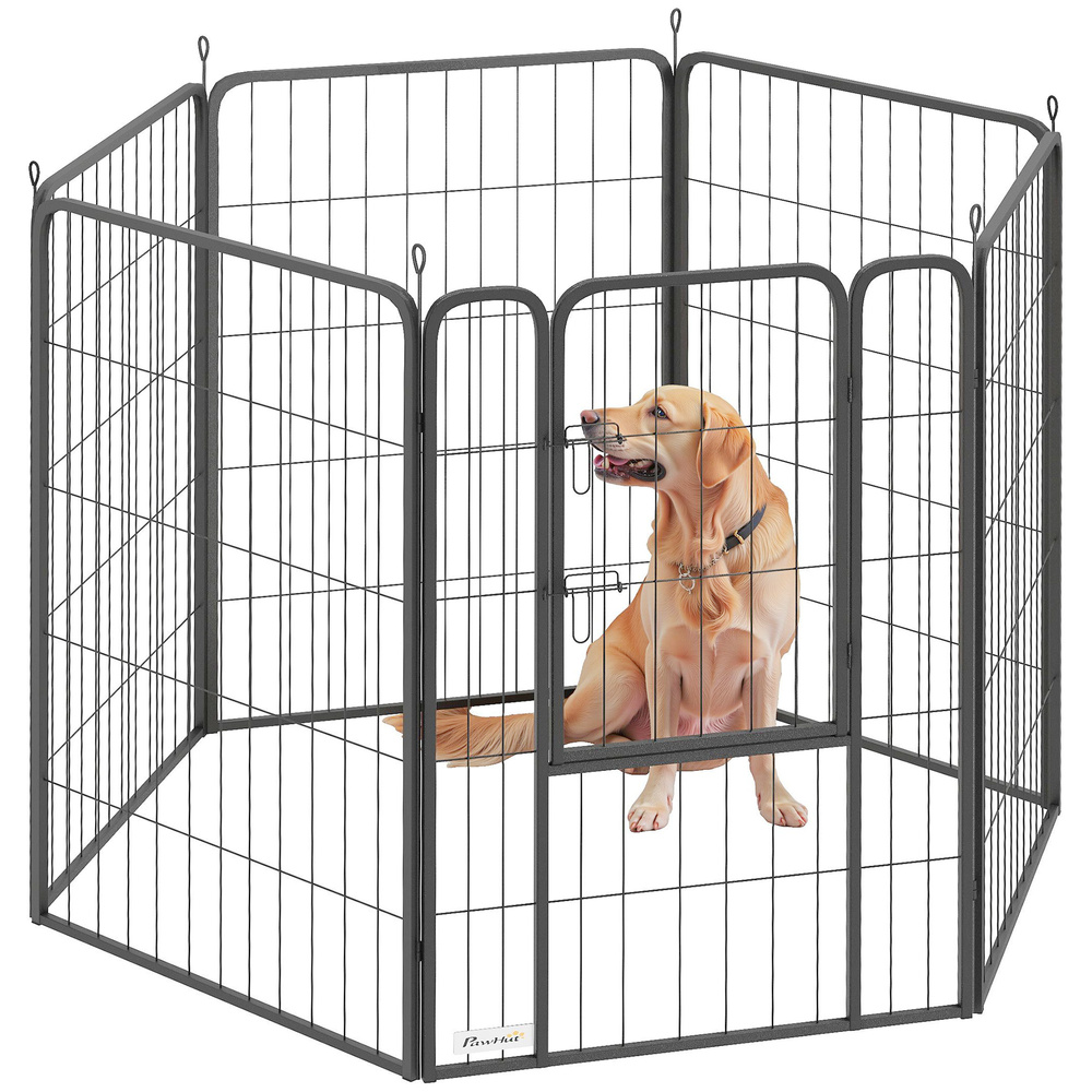 PawHut Six-Panel Dog Playpen with Door, for Large Dogs, Indoors, Outdoors, 100cm Tall, Black