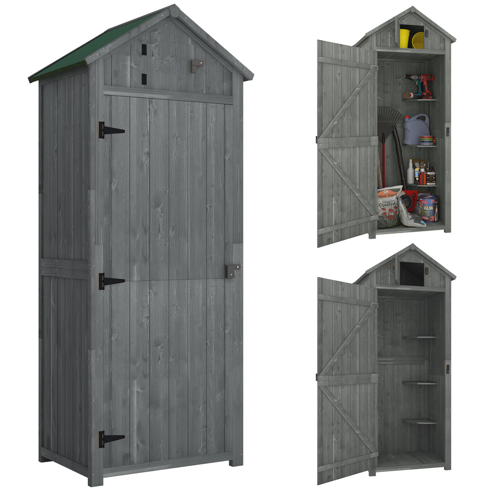 Outsunny Wooden Garden Shed, Utility Outdoor Small Shed with Lockable Double Doors, Shelves and Roof Hatch, Grey