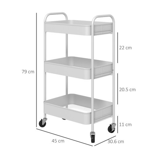 HOMCOM Three-Tier Steel Storage Trolley - White