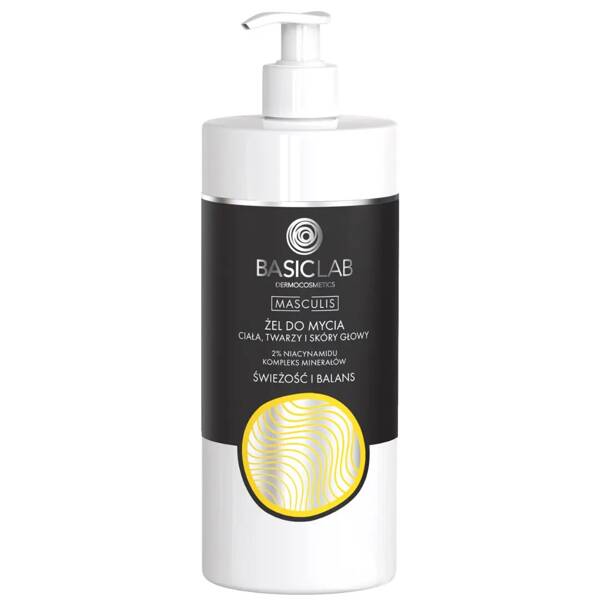 BasicLab Masculis Daily Cleansing Gel with 2% Niacinamide - Freshness & Shine for Men, 500ml