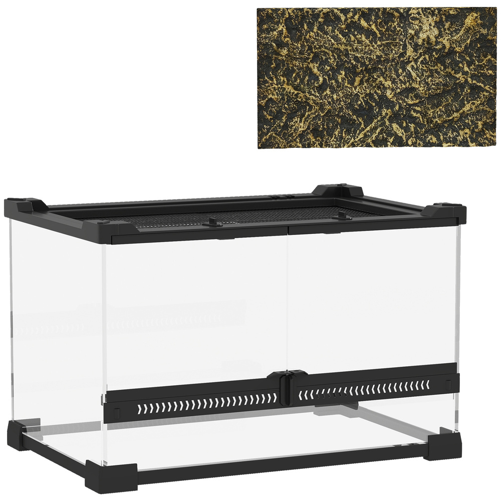 PawHut Reptile Glass Terrarium with Stone Background, Front Ventilation, Escape-Proof Knob Lock, 30 x 20 x 20 cm, Black