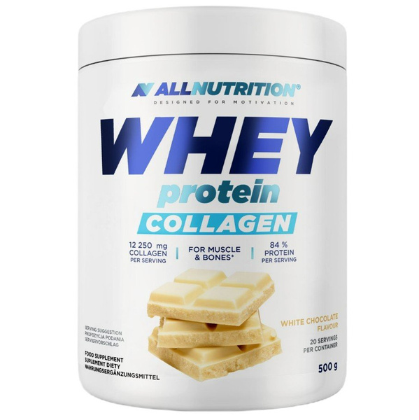 Allnutrition Whey Protein Collagen White Chocolate Protein Supplement For Bigger Muscles and Strong Bones 500g