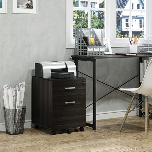 Vinsetto 2-Drawer Locking Office Filing Cabinet w/ 5 Wheels Rolling Storage Hanging A4 Cupboard Home Organisation Black Wood Grain