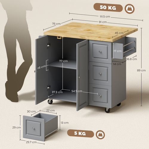 HOMCOM Kitchen Island on Wheels, Rolling Kitchen Storage Trolley with Drop Leaf, Drawers, Towel and Spice Rack, Grey