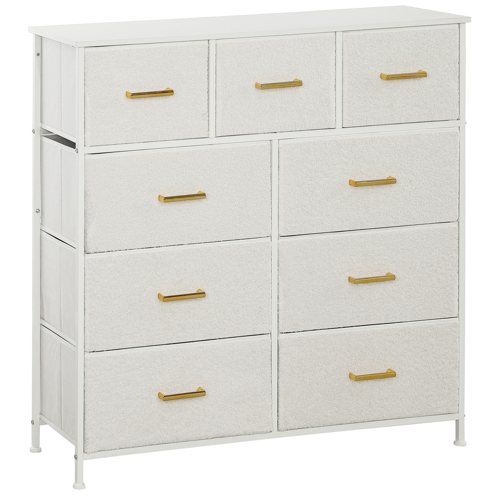 HOMCOM Chest of Drawers with 9 Fabric Drawers, Boucle Storage Organiser with Steel Frame, Fabric Dresser for Bedroom, Living Room, Hallway, Cream White