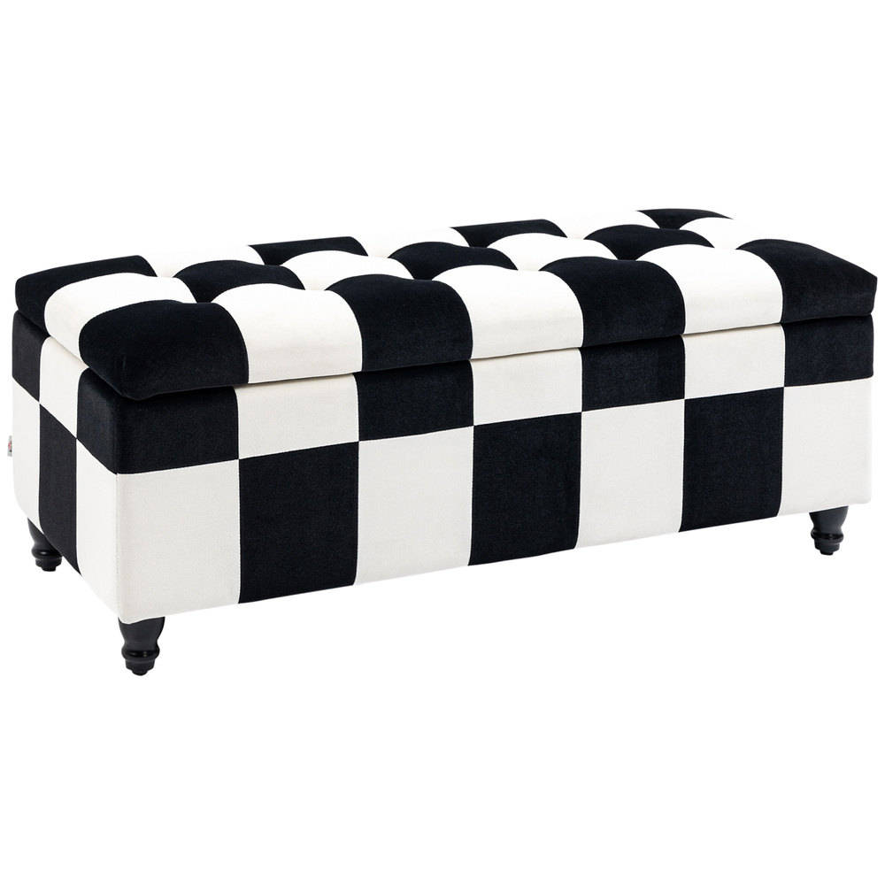 HOMCOM Storage Ottoman, Storage Bench with Wood Legs, Footstool, Footrest with Velvet Surface for Bedroom, Hallway, Living Room, 114 x 47 x 47 cm, White and Black