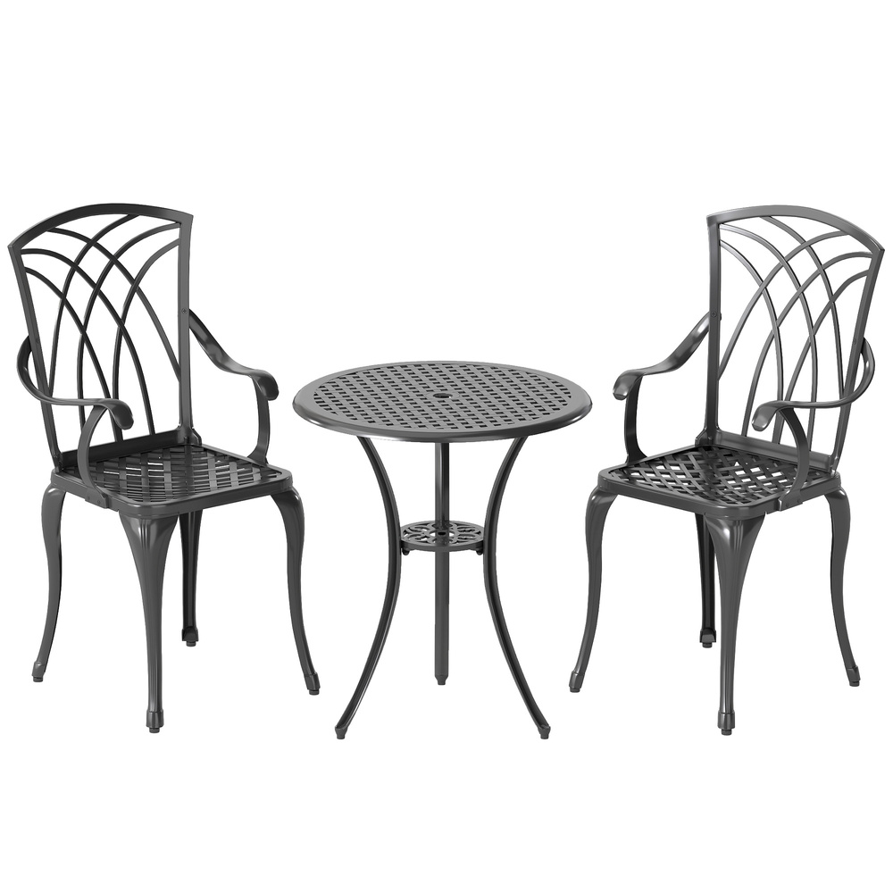 Outsunny 3 Pieces Garden Dining Set for 2, Cast Aluminium Outdoor Dining Set with 2 Armchairs and Round Dining Table with Parasol Hole, Garden Furniture Set, Brown