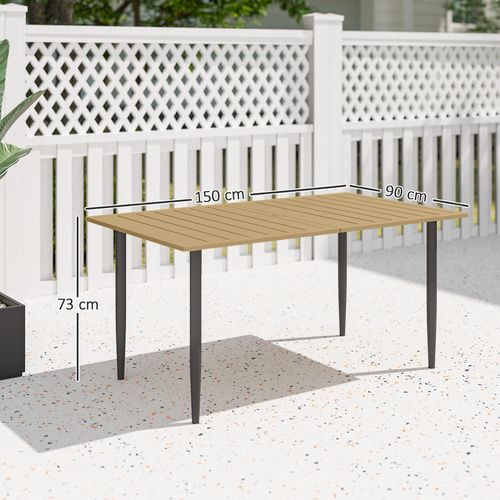 Outsunny Garden Dining Table, 150 x 90 cm Rectangle Outdoor Table with 5 cm Parasol Hole, Slatted Tabletop and Steel Frame for Patio Balcony, (Table Only) Brown