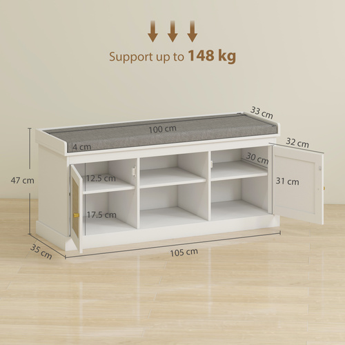 HOMCOM Boho Shoe Storage Bench with Padded Cushion and Rattan Doors - White