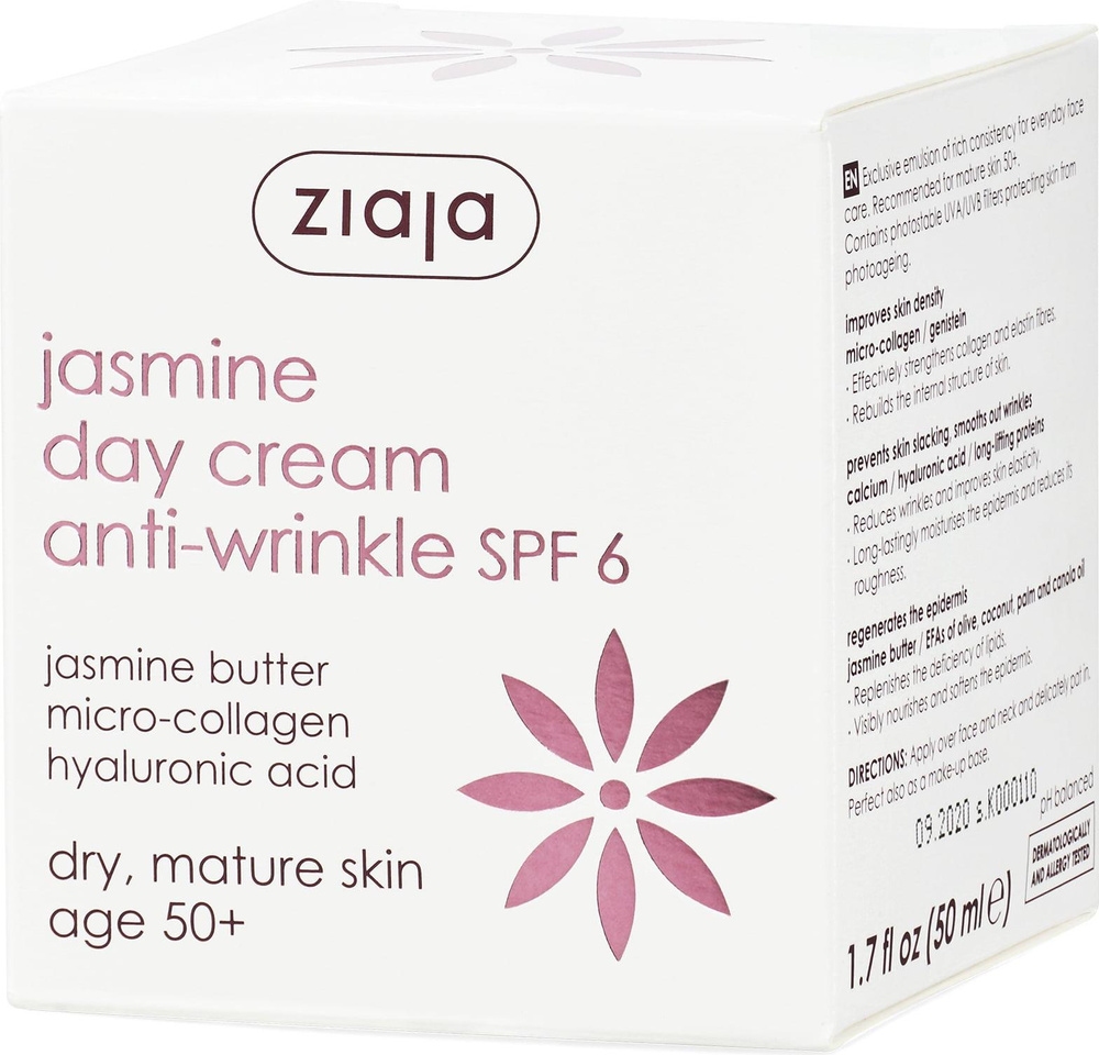 Ziaja Jaśmin w Krem przeciw Zmarszczkom 50+ z Kwasem Hialuronowym na Dzień SPF6 Vegan 50ml