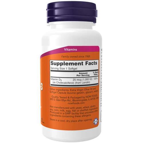 Now Foods Vitamin D-3 1000 IU Wsparcie Odporności Mózgu i Mięśni 180 Kapsułek