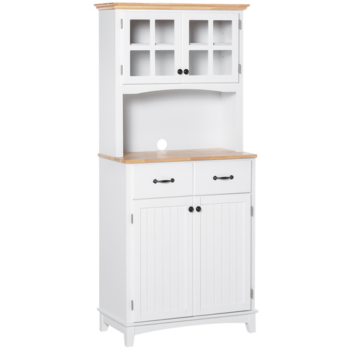 HOMCOM Freestanding Kitchen Cupboard, Kitchen Storage Cabinet with Framed Glass Doors, 2 Drawers, Microwave Counter, 172cm, White