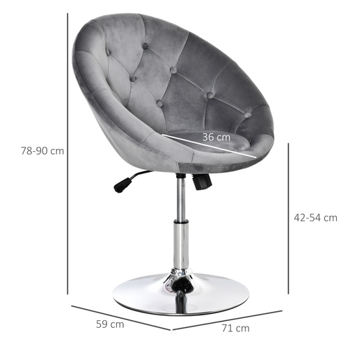 HOMCOM Swivel Dressing Stool, Velvet-feel Upholstered Vanity Chair, Adjustable Height Tub Makeup Chair with Button Tufting and Thick Padding for Bedroom, Grey