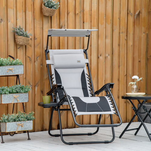 Outsunny Zero Gravity Lounger Chair, Folding Reclining Patio Chair with Shade Cover, Padded Seat, Cup Holder, Soft Cushion and Headrest for Poolside, Camping, Grey