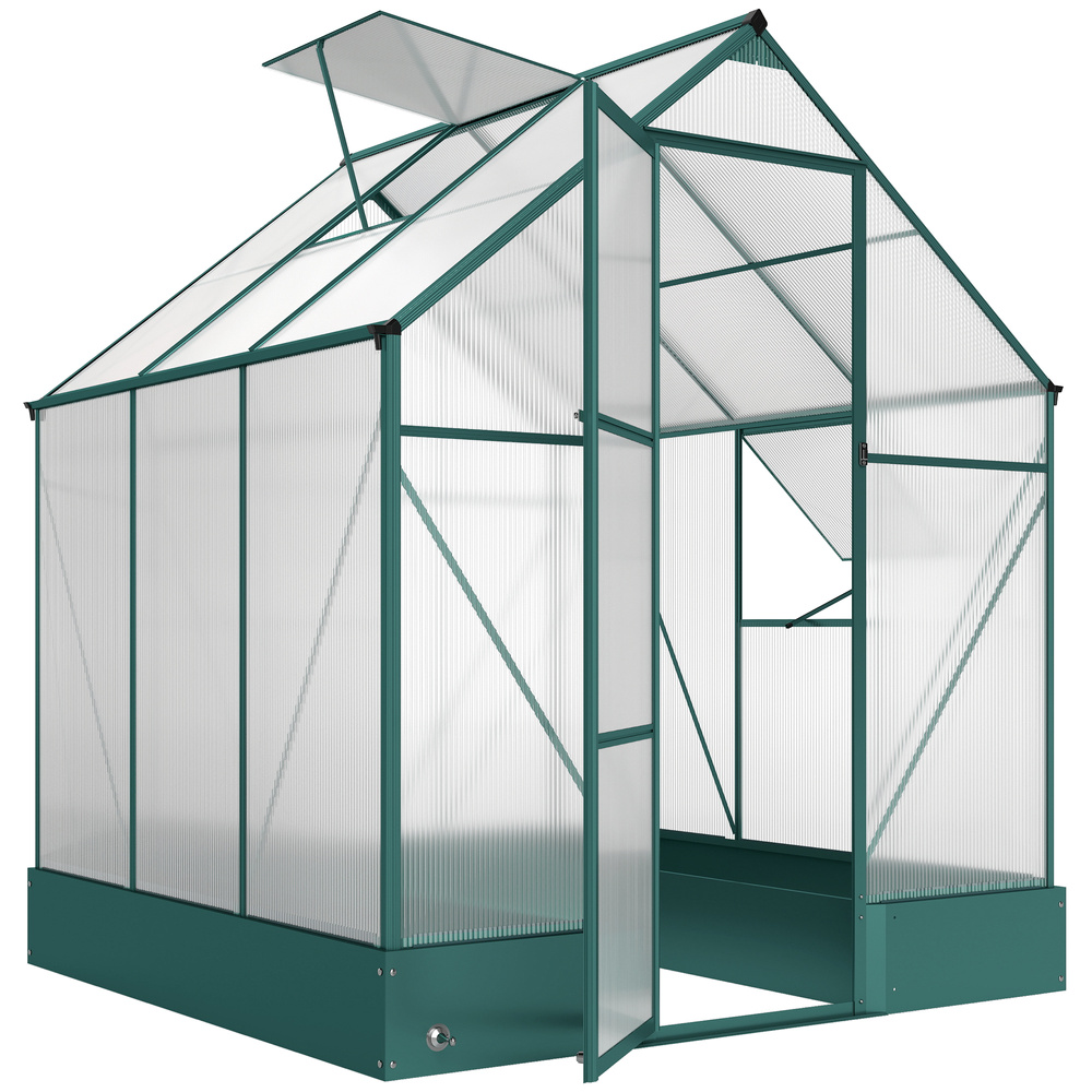 Outsunny 6x6 FT Polycarbonate Greenhouse with Base and Raised Bed, Walk-in Greenhouse with Aluminium Frame, Temperature Controlled Window, Foundation for Plants, Flowers, Vegetable