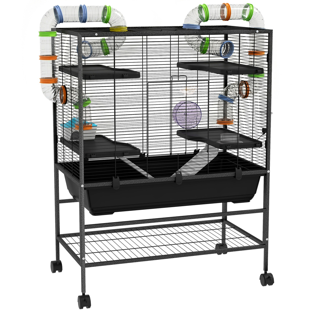 PawHut Large Hamster Cage, Gerbil Cage with Tubes, Storage Shelf, Ramps, Platforms, Running Wheel - Black