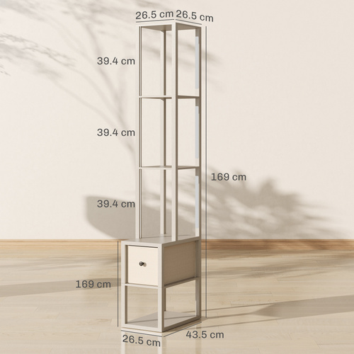 HOMCOM Floor Lamp with Shelves, LED Column Modern Standing Lamp with Fabric Drawer, Adjustable Brightness, Foot Switch for Living Room, Bedroom, Office, Oak