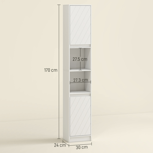 HOMCOM Narrow Bathroom Cabinet, Slim Bathroom Storage Unit with Open Compartment, Freestanding Storage Cupboard with Adjustable Shelves for Small Spaces, 30 x 24 x 170 cm, White