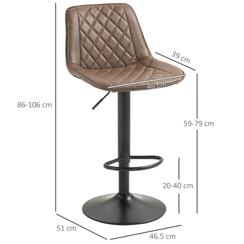 HOMCOM Bar Stools Set of 2, Retro Adjustable Kitchen Stool, Swivel PU Leather Upholstered Bar Chairs with Back, Footrest and Steel Base, Brown