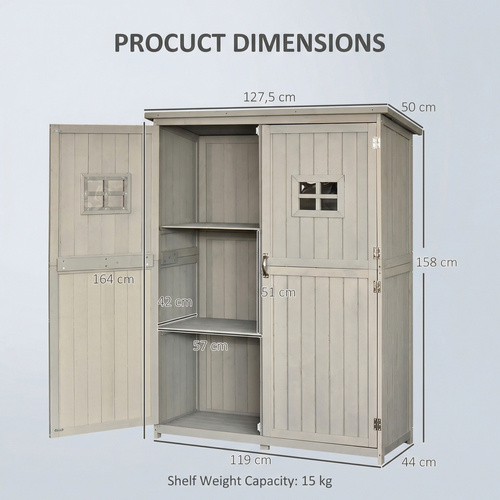 Outsunny Wooden Garden Shed with Two Windows, Tool Storage Cabinet, Outdoor Double Door Organizer 127.5L x 50W x 164H cm, Grey