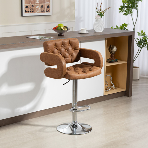 HOMCOM PU Leather Upholstered Swivel Bar Stool, Height Adjustable with Back, Armrest, Footrest, Brown