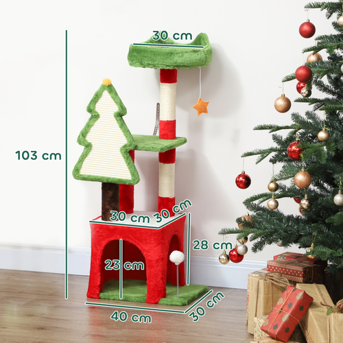 PawHut Christmas Cat Tree, 120cm Cat Tower with Scratching Post & Board, Platform, Toys, Green
