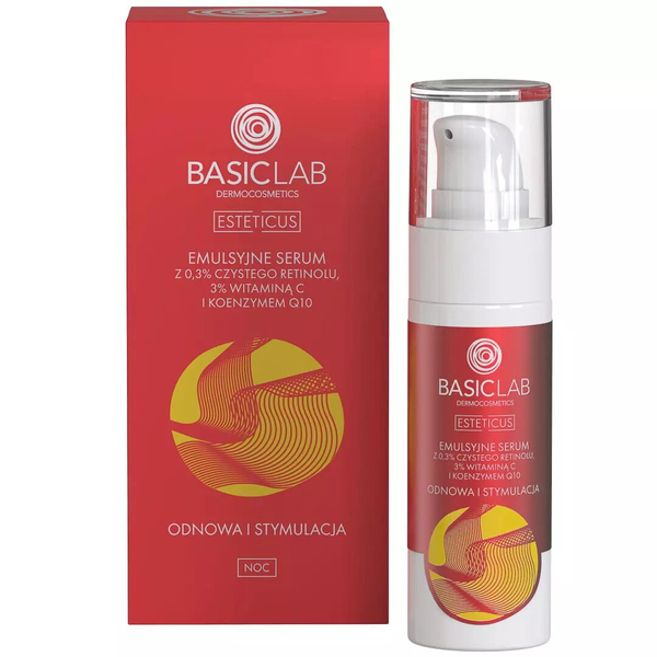 BasicLab Emulsyjne Serum Nocne z Czystym Retinolem 0,3%, Witaminą C i Koenzymem Q10 do Odnowy Skóry - 30 ml