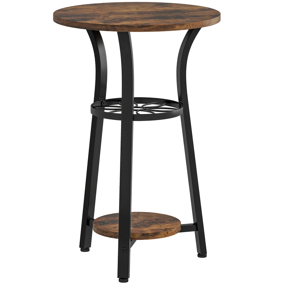 HOMCOM Small Round Side Table with 3 Storage Shelves - Rustic Brown