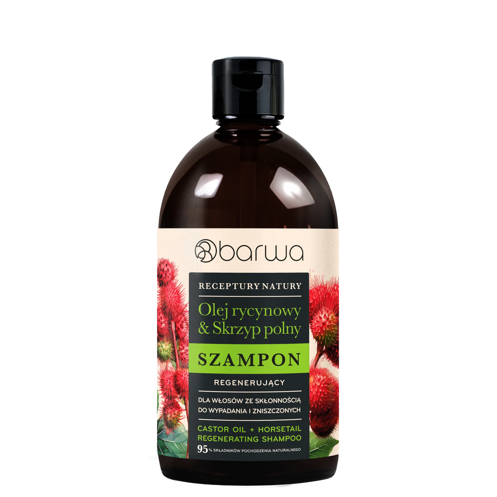 Barwa Receptury Natury Szampon Regenerujący Olej Rycynowy Skrzyp Polny dla Włosów Zniszczonych ze Skłonnością do Wypadania 380ml