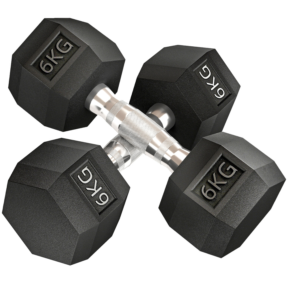HOMCOM 2x6kg Hex Dumbbells Set Rubber Dumbbells Weight Lifting Equipment Fitness Home Gym