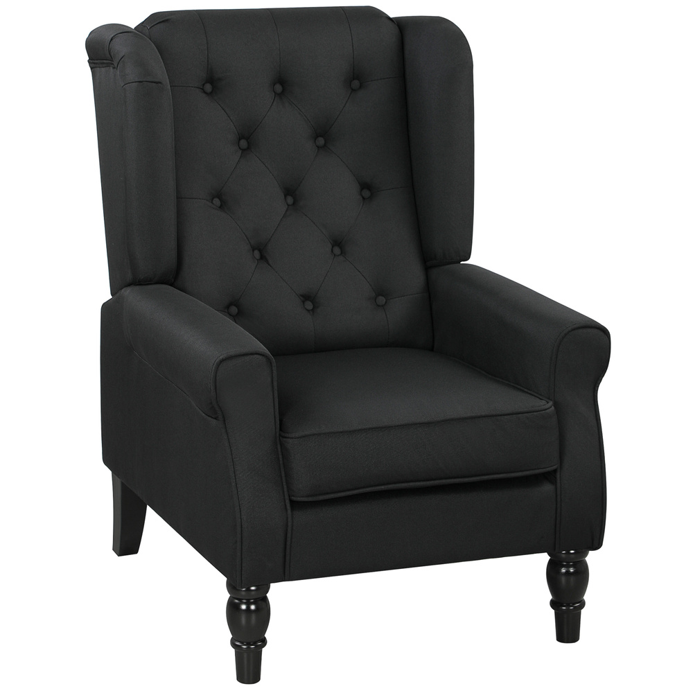 HOMCOM Retro Accent Chair, Linen Wingback Armchair with Wood Frame Button Tufted Design for Living Room Bedroom, Black