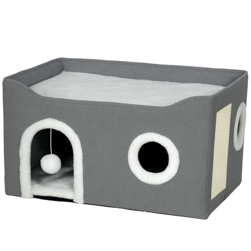 PawHut Cat Bed for Indoor Pets, Foldable Cat House with Fluffy Ball and Scratch Pad for Small and Medium Pets, Grey