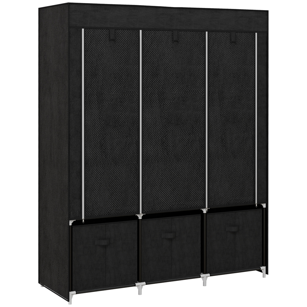 HOMCOM Foldable Fabric Wardrobe for Bedroom, Portable Wardrobe with 5 Shelves, 2 Hanging Rails and 3 Fabric Drawers, Black
