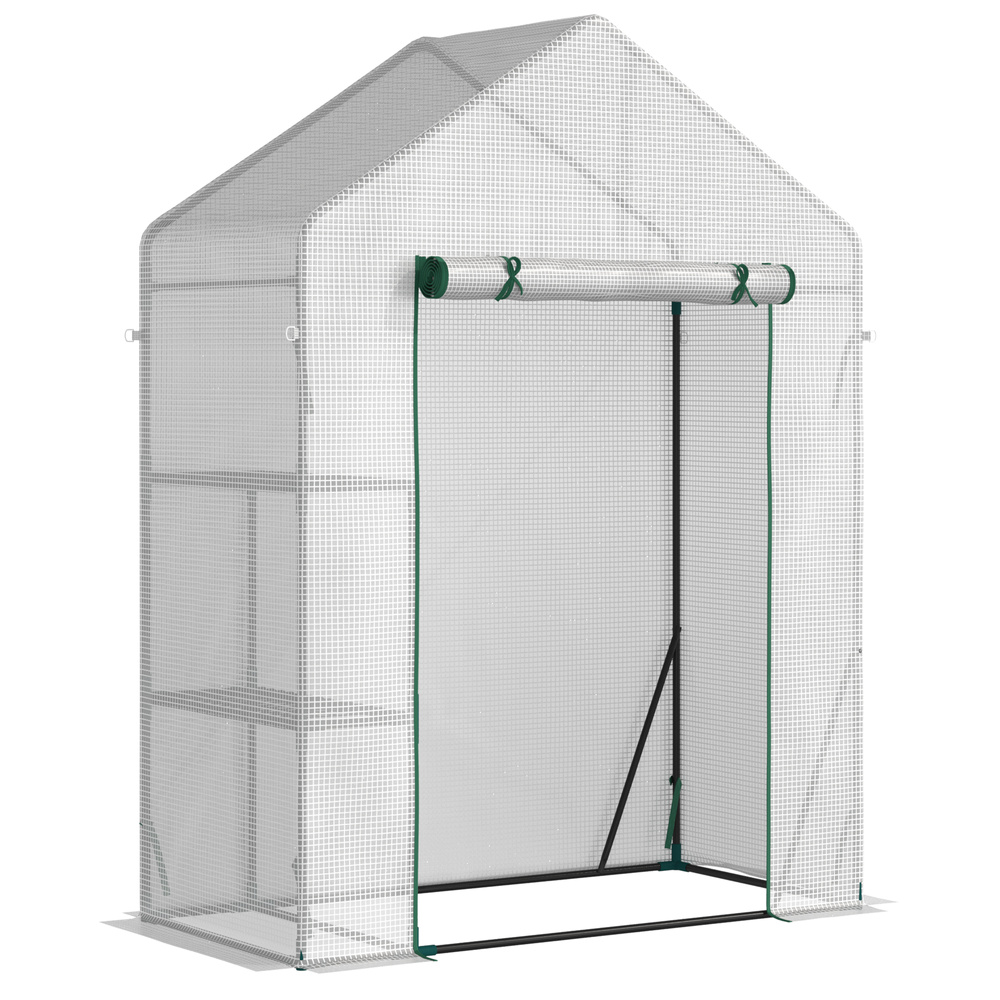 Outsunny Walk In Greenhouse with 2 Tier Shelf, Portable Gardening Plant Grow House Tomato Greenhouse with Roll up Zip Panel Door, Reinforced PE Cover, 143 x 73 x 195cm, Green