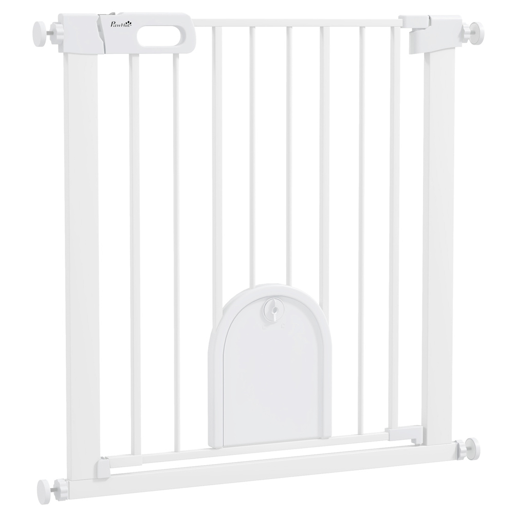 PawHut 75-82cm Pet Safet Gaye, Pressure Fit Stair, with Cat Flap, Double Locking, White