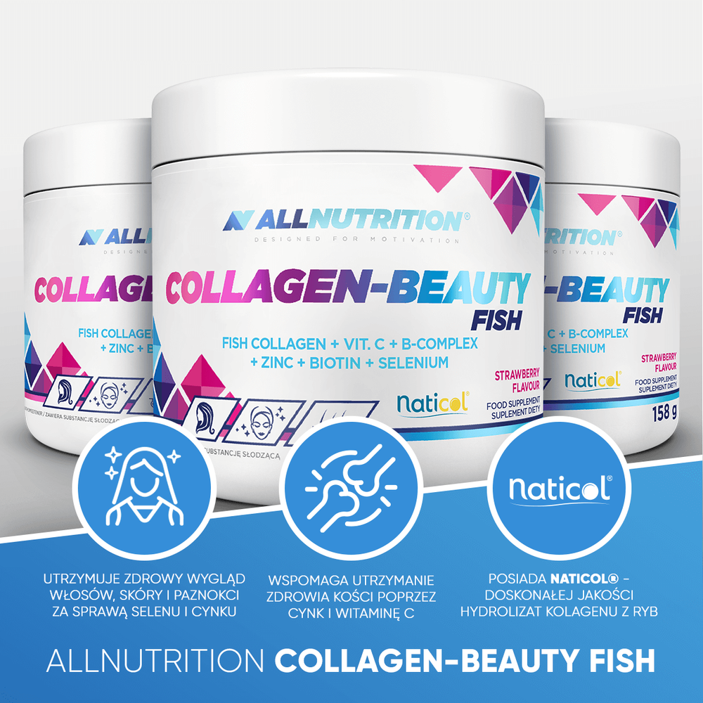 Allnutrition Collagen-Beauty Fish Peptydy Kolagenu Morskiego z Kompleksem Witamin i Minerałów Strawberry 158g