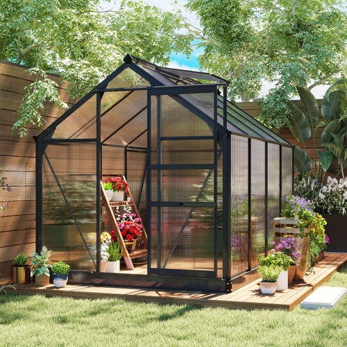 Outsunny 6 x 8ft Polycarbonate Greenhouse, Large Walk-In Green House with Slide Door and Window, Garden Plants Grow House with Aluminium Frame and Foundation, Grey