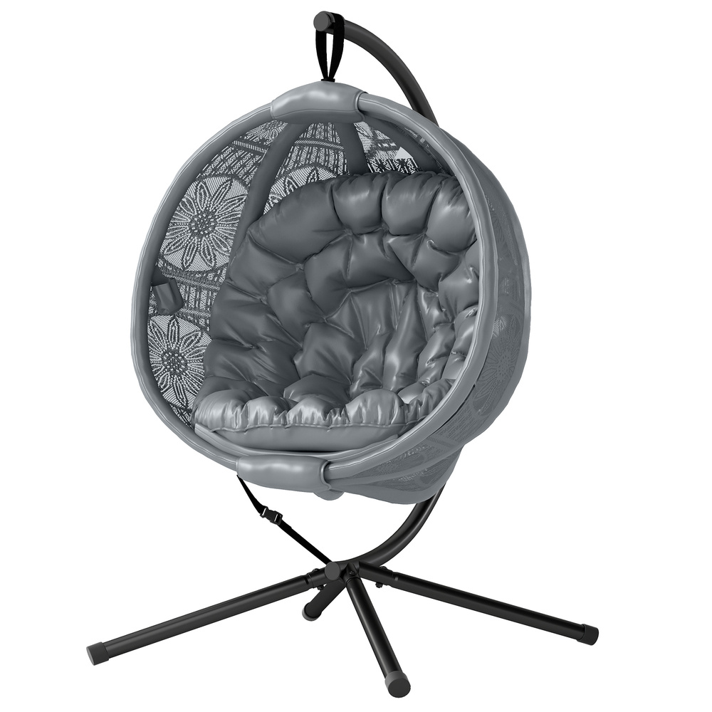 Outsunny Round Egg Basket Chair, with Steel Stand, Charcoal Grey