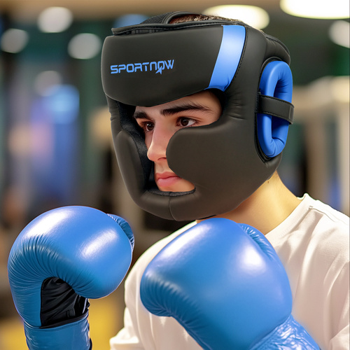 SPORTNOW Boxing Headguard w/ Adjustable Strap for Sparring, Kickboxing, MMA, Blue/Black