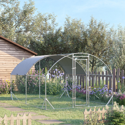 PawHut Walk In Chicken Run Galvanised Chicken Coop Hen Poultry House Cage Pet Playpen Garden with Water-Resist Cover, 2.8 x 3.8 x 2m