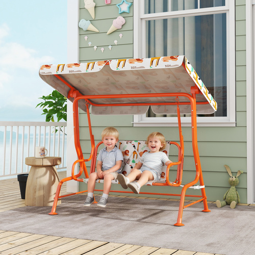 AIYAPLAY Kids Porch Swing, 2-Seater Patio Swing Bench Hammock with Seat Belts, Adjustable Canopy for Garden, Orange