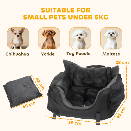 PawHut Dog Car Seat for Small Dogs with Fixed Buckle, Safety Leash, Washable Cover, 58 x 45 x 28 cm, Black