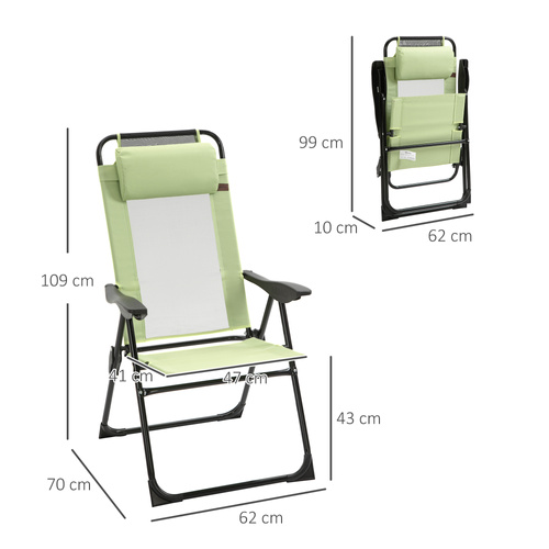 Outsunny Folding Garden Chairs Set of 2, 5-Position Recliner Camping Chair with High Back, All Weather Texteline Seat, Portable Outdoor Dining Chairs with Headrests for Patio, Picnic, Green