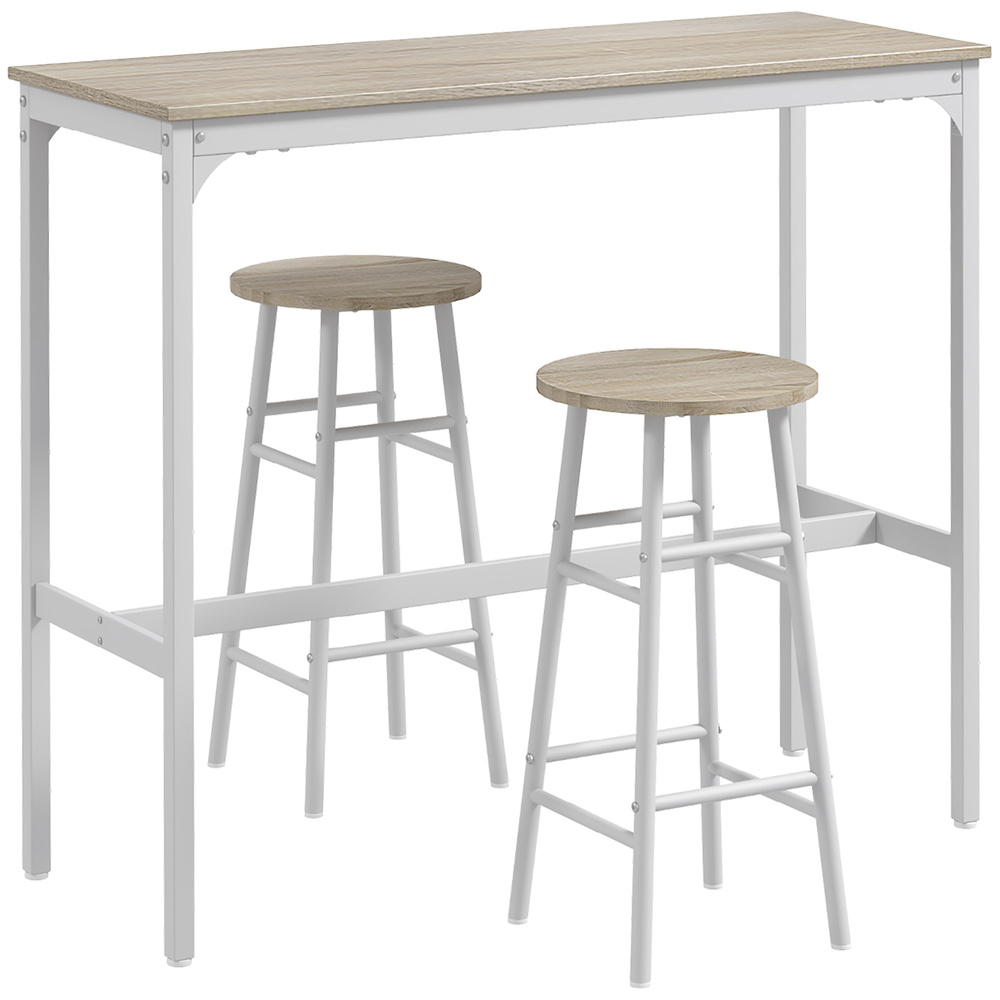 HOMCOM 3 Piece Bar Table Set with 2 Stools, Industrial Bar Table and Stool, Dining Table and Chair, Oak