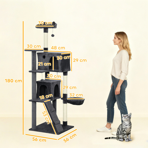 PawHut 180cm Large Cat Tree Tower with Sisal Scratching Posts, Condos, Plush Perches, Hammock, Ladder, Dark Grey