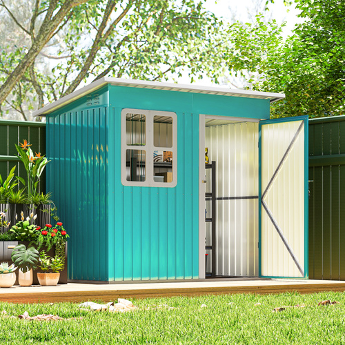 Outsunny 7 x 4ft Galvanised Steel Garden Shed, with Lock, Gloves and Foundation Kit  - Green
