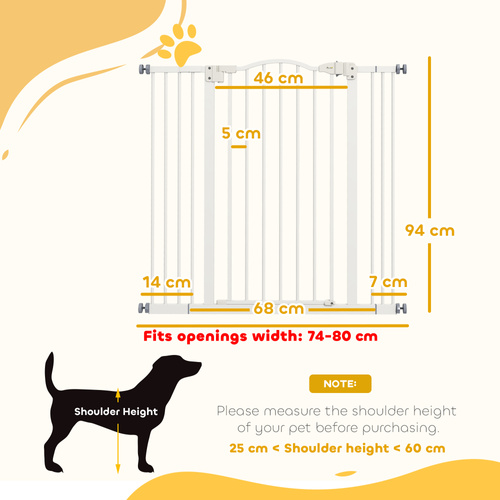 PawHut Pressure Fit Dog Stair Gate No Drilling Safety Gate Auto Close for Doorways, Hallways, 74-100cm Adjustable, 94cm Tall, White